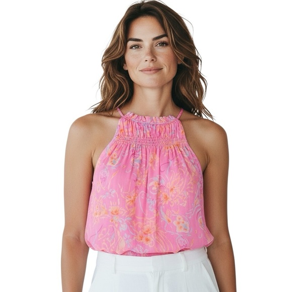 NWT RAMY BROOK Pink Floral Halter Neckline Keyhole Back Blouse Size Medium - Picture 4 of 7